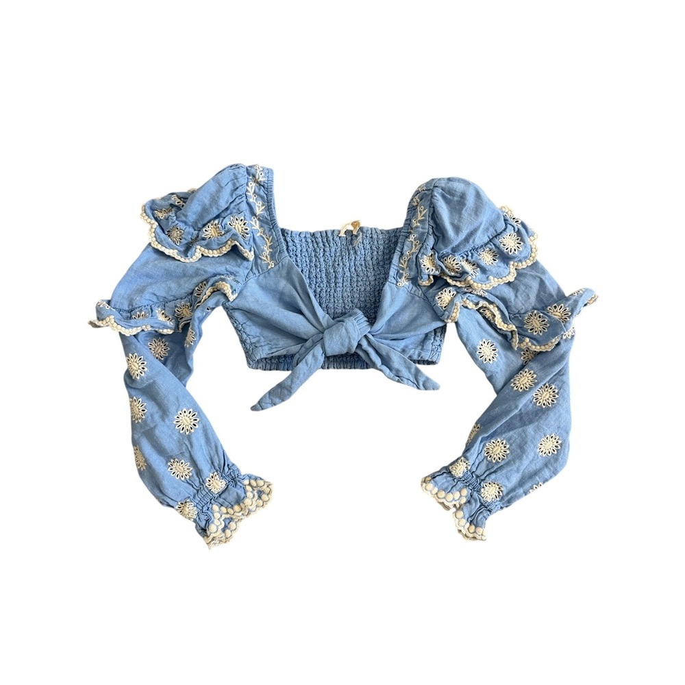 LoveShackFancy Milanti Crop Top Hydrangea Blue Embroidered Linen Cotton M